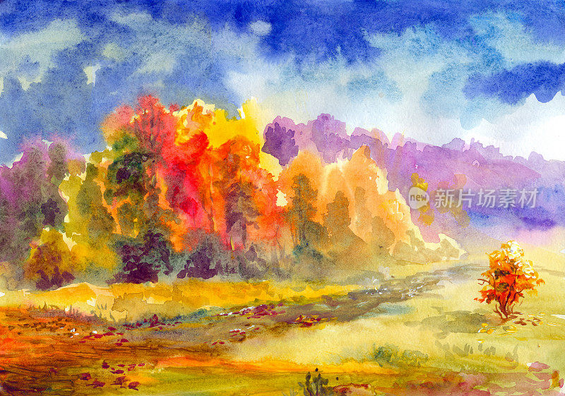 秋天的水彩画风景