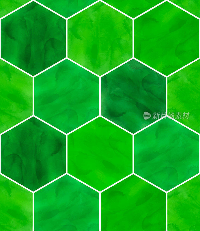 水彩绿色六角无缝图案。抽象背景，设计元素。矢量瓷砖蜂窝图案，里斯本阿拉伯几何六边形马赛克，地中海无缝绿色装饰。