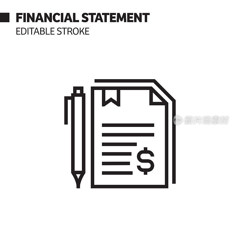 财务报表线图标，轮廓矢量符号插图。完美像素，可编辑的描边。