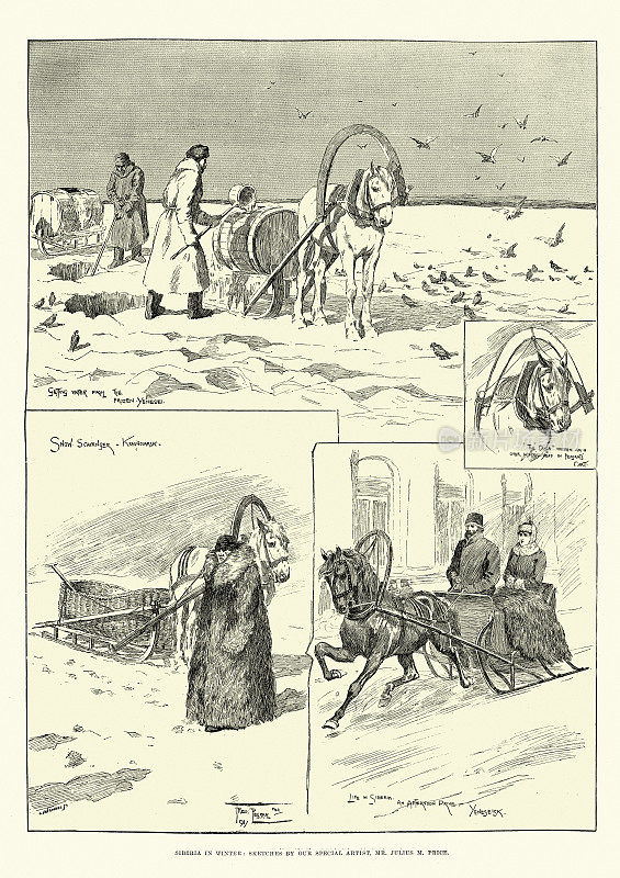 冬季西伯利亚的素描，马拉着雪橇，皮草大衣，19世纪