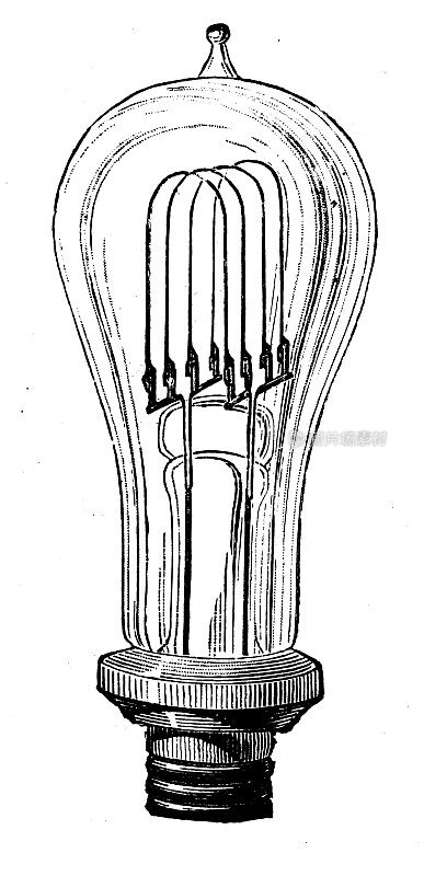科学发现、实验和发明的古董插图:灯泡