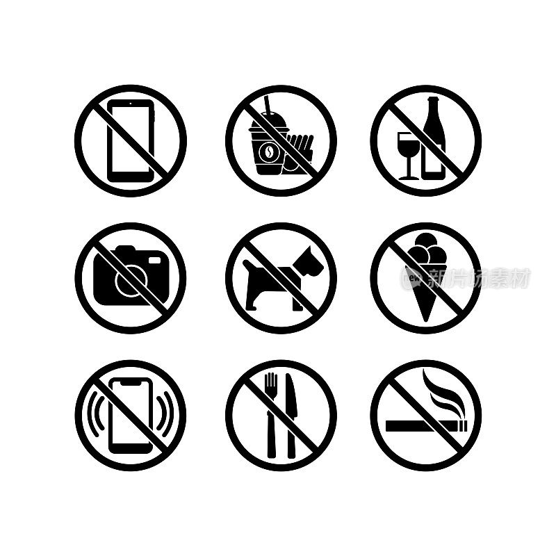 没有手机，没有相机，没有冰淇淋，停止吸烟，吃，狗，喝酒，快餐图标设置在黑色。被禁止的符号简单在孤立的背景。每股收益10向量。