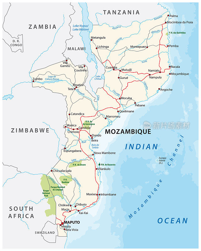 莫桑比克公路和国家公园矢量地图