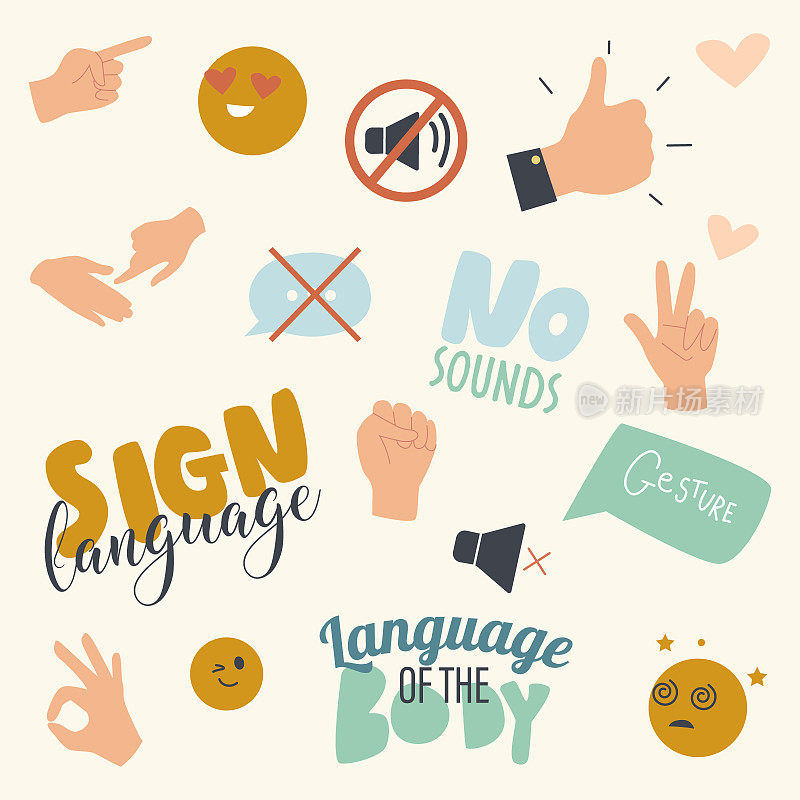 用聋哑人的手势和身体语言手势和排版设置手势符号。没有声音的国际交流没有文字印刷或模式。线性向量插图