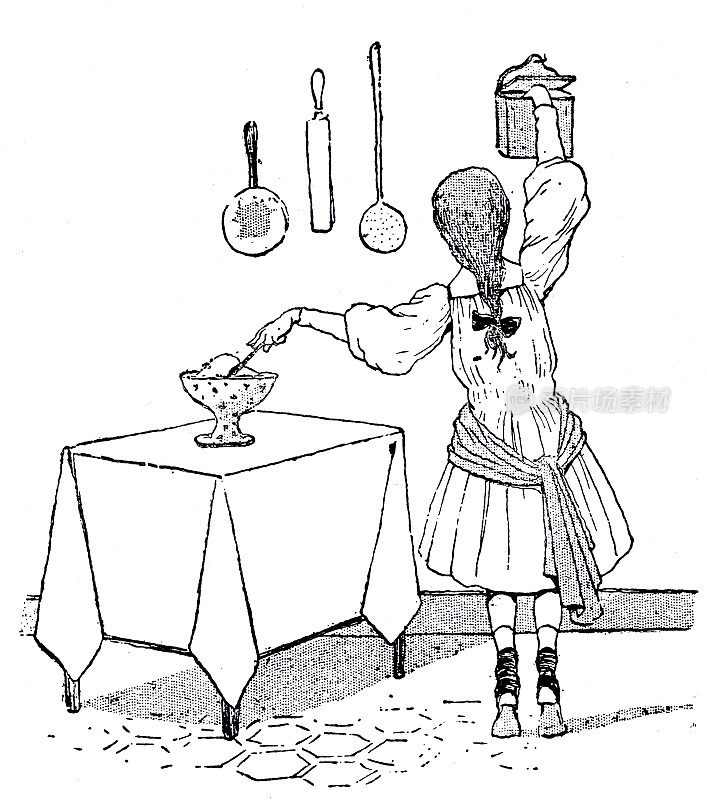 女孩在桌子上做饭，一只手在碗里搅拌，另一只手寻找香草，后视镜