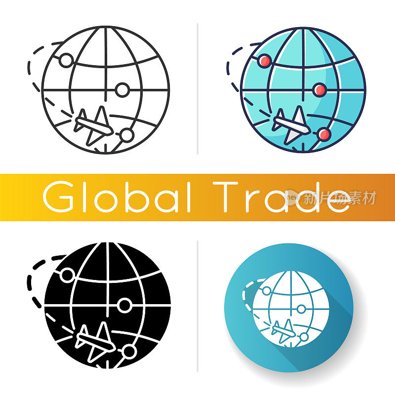 国际贸易图标。进出口、物流、航空邮件及包裹派递。商业，贸易，国际市场地图。线性黑色和RGB颜色样式。孤立的矢量插图