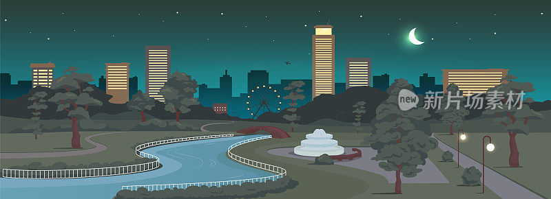 城市公园夜间平色矢量插图