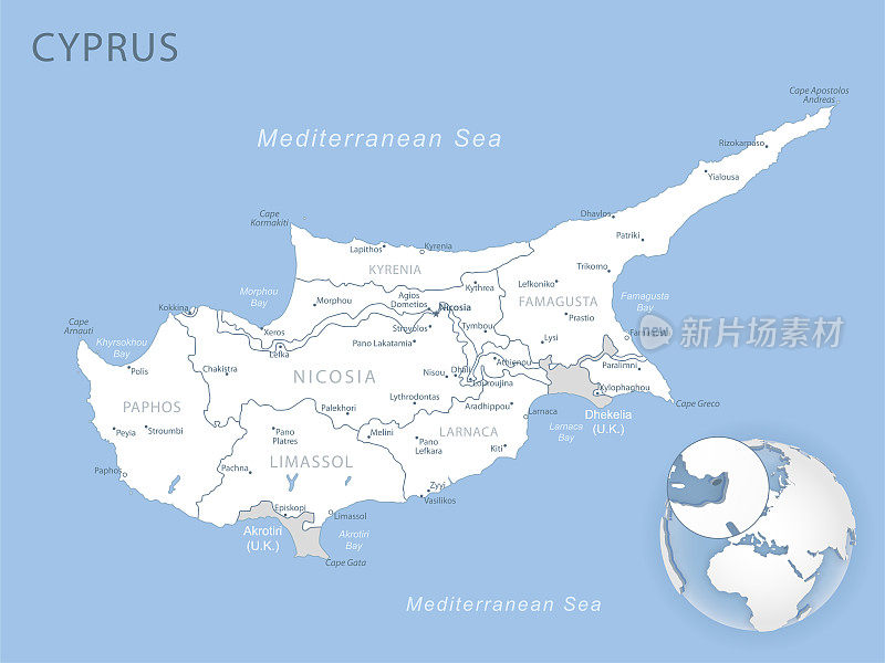 蓝灰色详细地图塞浦路斯行政区划和位置在全球。
