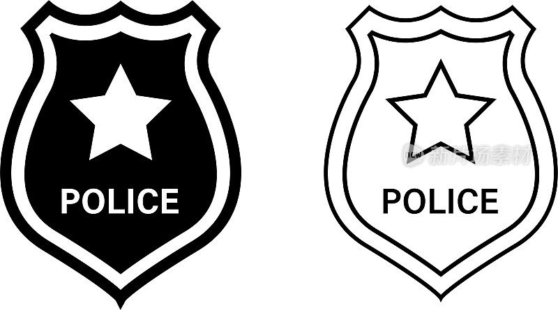 警察徽章图标。矢量孤立的黑色和线性警徽图标。股票向量。