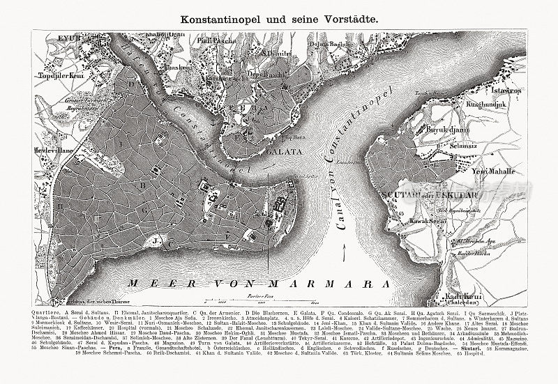 土耳其伊斯坦布尔历史地图，木刻，1893年出版