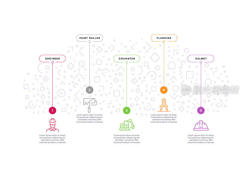 信息图表设计模板。工程师，油漆滚轮，挖掘机，规划，头盔图标5个选项或步骤。