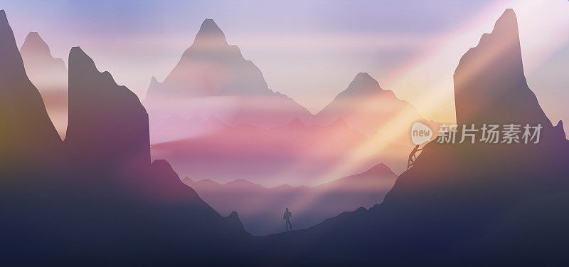 黎明在群山之上，攀登者在悬崖边