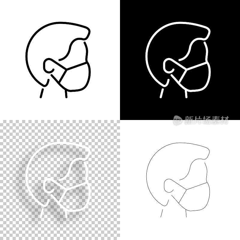 佩戴医用口罩者。图标设计。空白，白色和黑色背景-线图标
