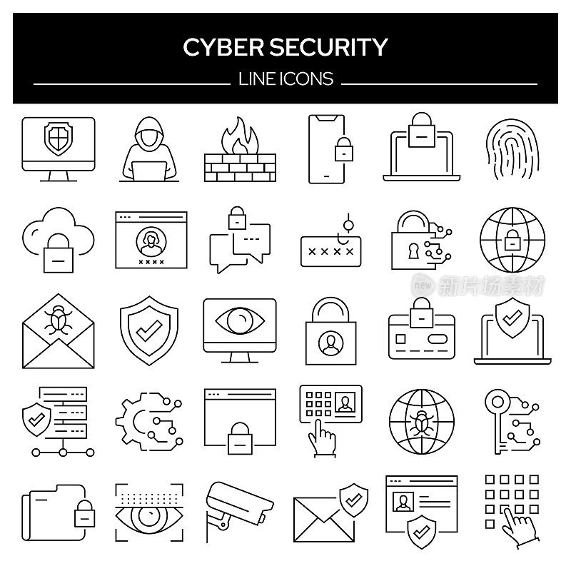 一组网络安全相关的线路图标。轮廓符号集合，可编辑的描边