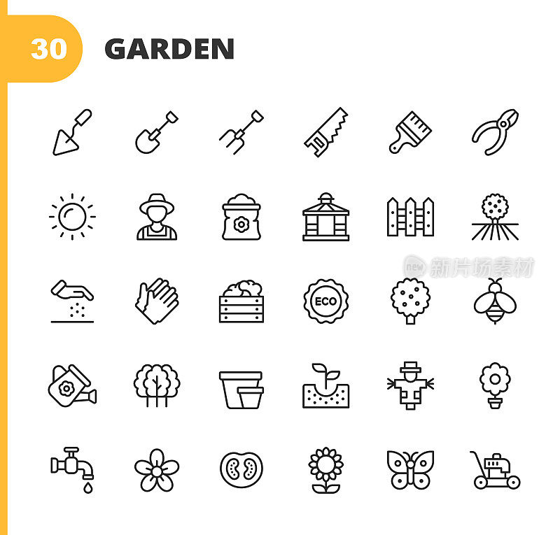 花园行图标。可编辑的中风。像素完美。移动和网络。包含如花园泥铲，铲子，铁锹，树篱剪，园丁，肥料，篱笆，种子，植物，环境，水果，蔬菜，蜜蜂，蜂蜜，罐头，树，水龙头，花，花盆等图标。