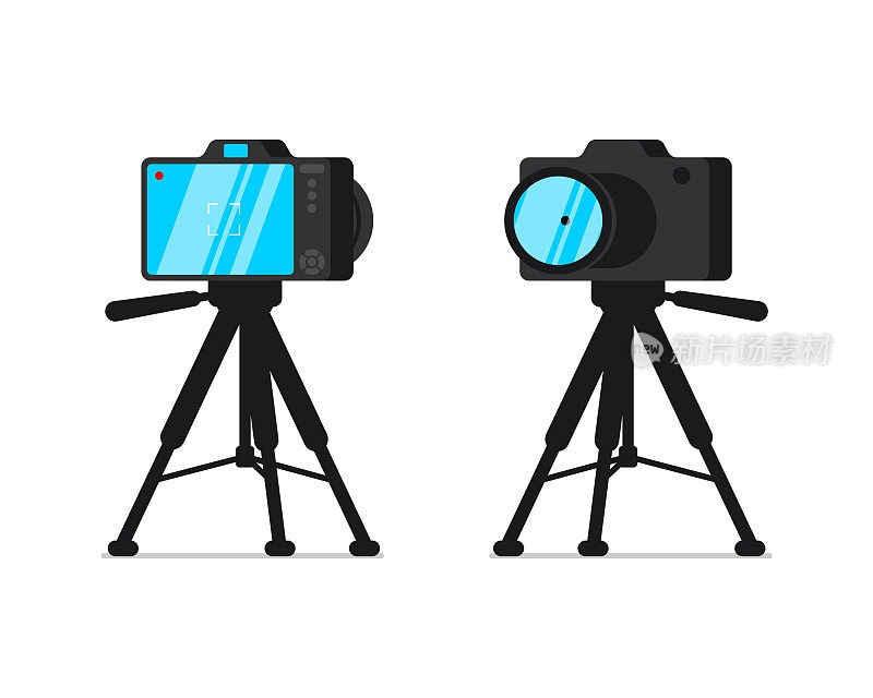 单反相机在三脚架站立前后视图设置。架子上的数码相机。摄像师或摄影师设备套件与镜头固定支架。专业稳定的摄影视频设备