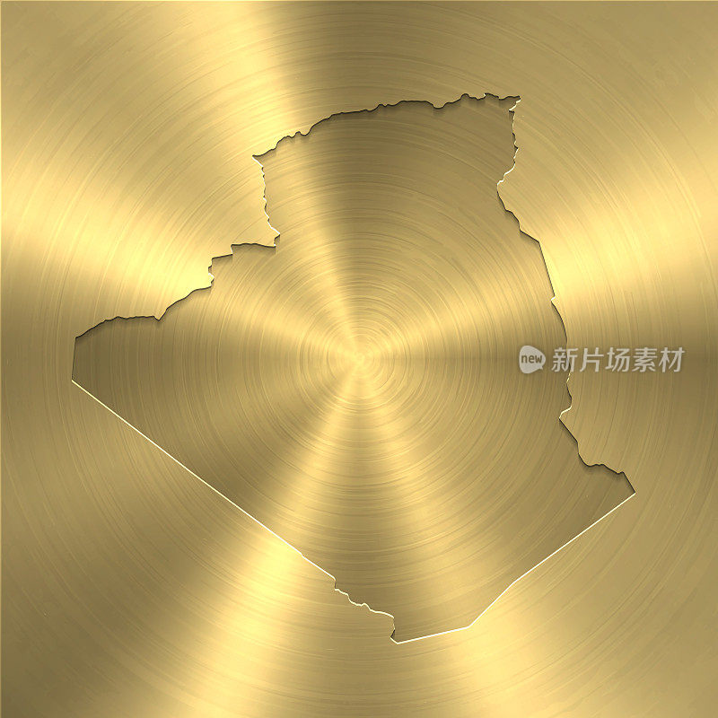 阿尔及利亚地图上的黄金背景-圆形拉丝金属纹理