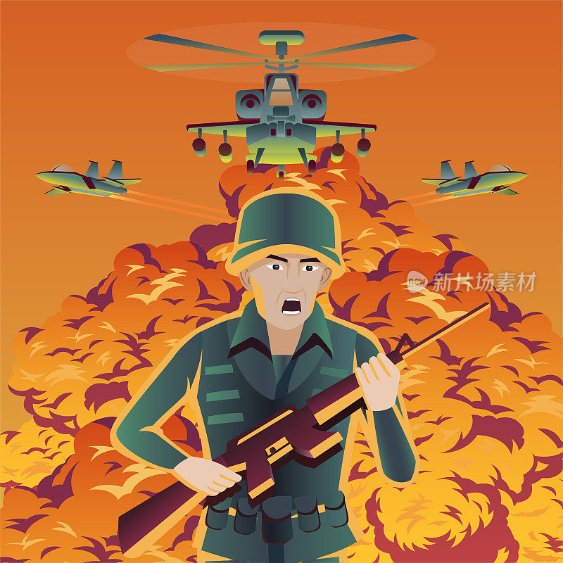 卡通设计的士兵逃离炸弹时，直升机和战斗机飞过