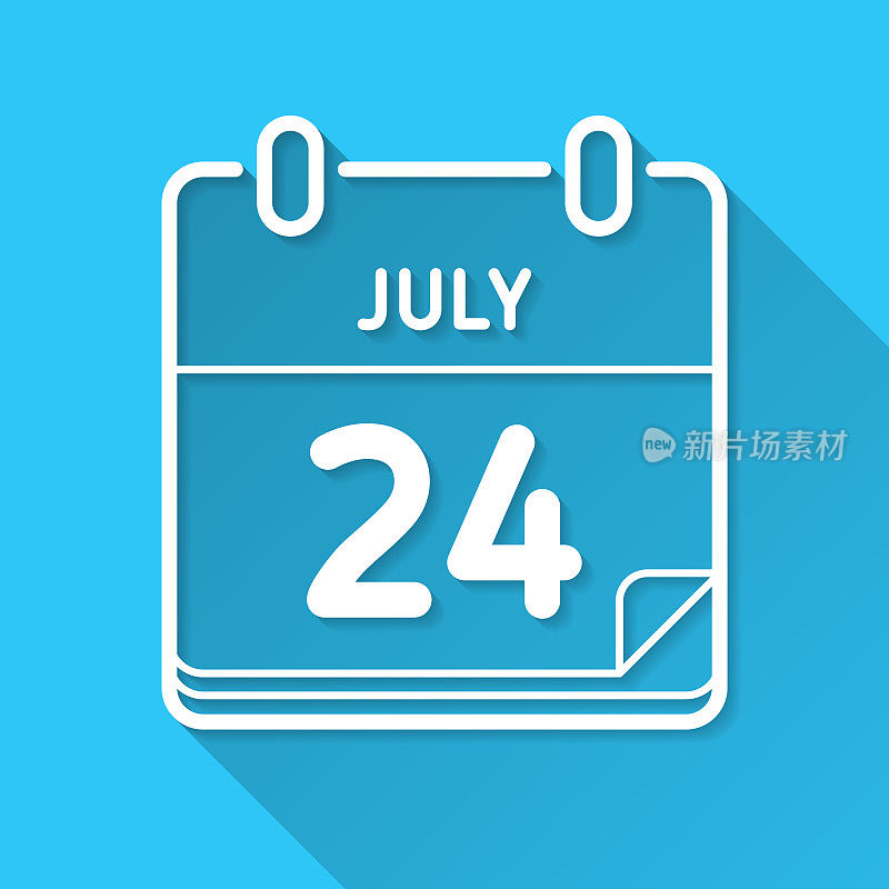 7月24日。图标在蓝色背景-平面设计与长阴影