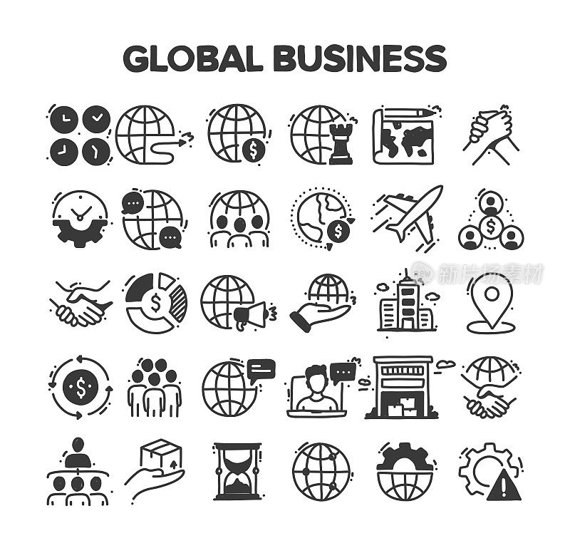 全球业务相关的手绘矢量涂鸦图标集
