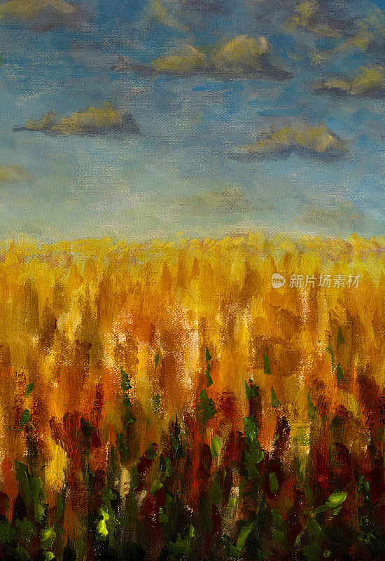 暖暖的天空和云朵笼罩着橘色的田野森林油画。温暖的夏秋风景田野地平线插图在画布上