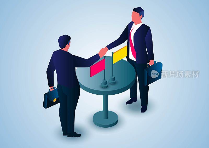 两位商业伙伴握着两面旗子在圆桌旁握手并签署合同，全球商业和贸易关系