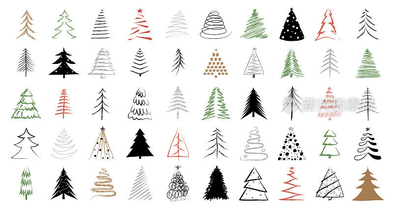 50棵圣诞树向量集。收集。五颜六色的松树