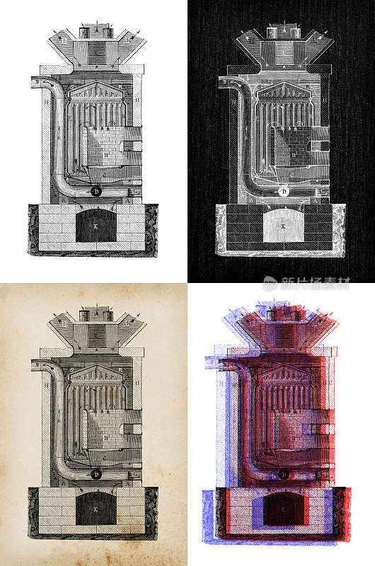 科学发现的古董插图:壁炉，炉子，加热器和烟囱