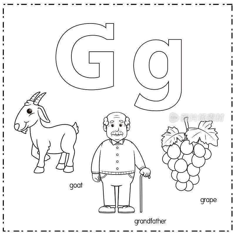 向量插图学习字母G的小写和大写的儿童与3卡通图像。山羊爷爷葡萄。