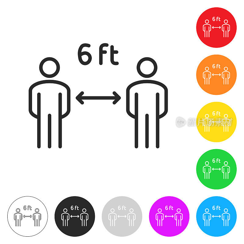 保持社交距离――6英尺。按钮上不同颜色的平面图标