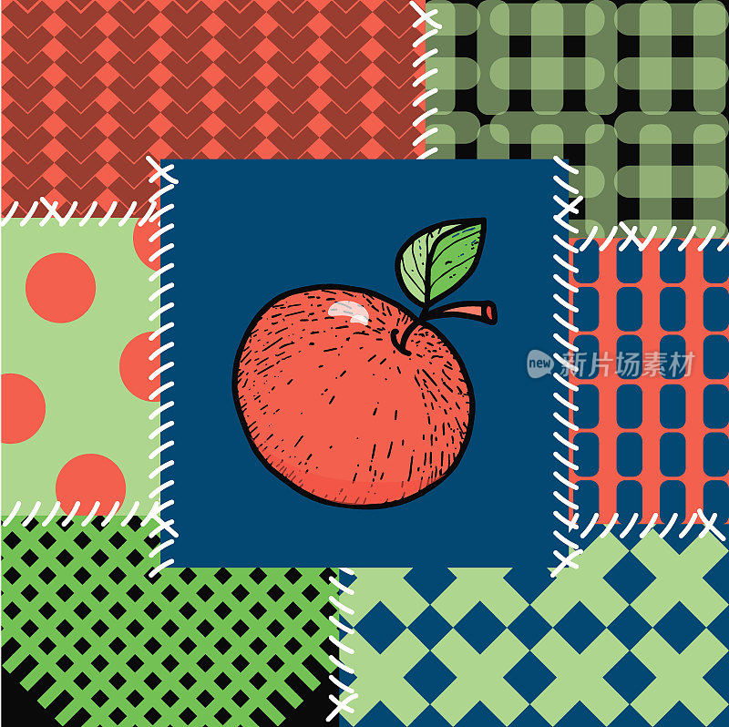 拼接无缝模式。苹果、条纹、格子、钩针和圆点。色彩鲜艳的装饰品。平面风格矢量插图。