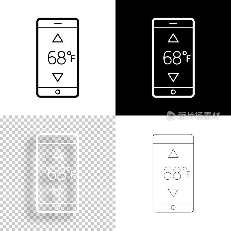 带有加热控制的智能手机。图标设计。空白，白色和黑色背景-线图标