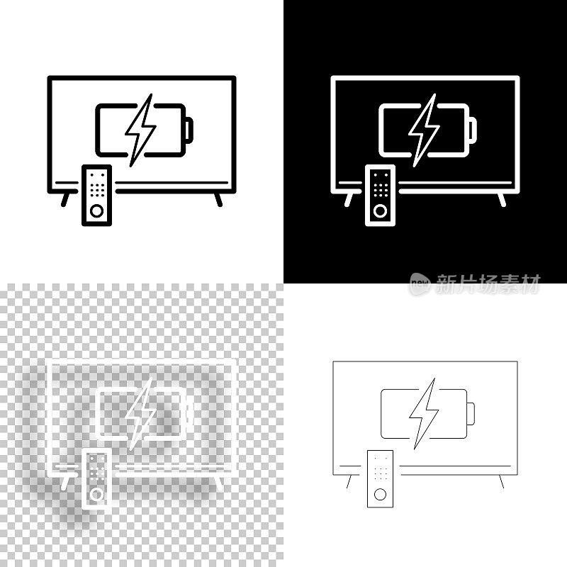 带有电池充电符号的电视。图标设计。空白，白色和黑色背景-线图标