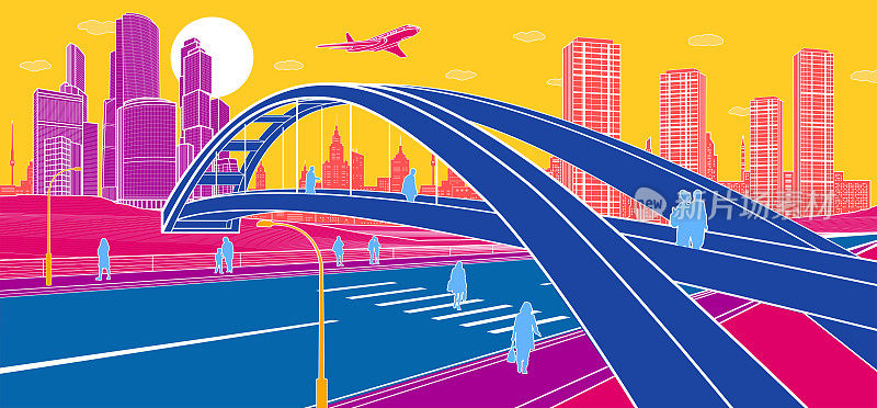 丰富多彩的城市基础设施插图。公路上的人行天桥。走在街上的人。现代小镇，都市风光。白线的颜色背景。矢量设计艺术