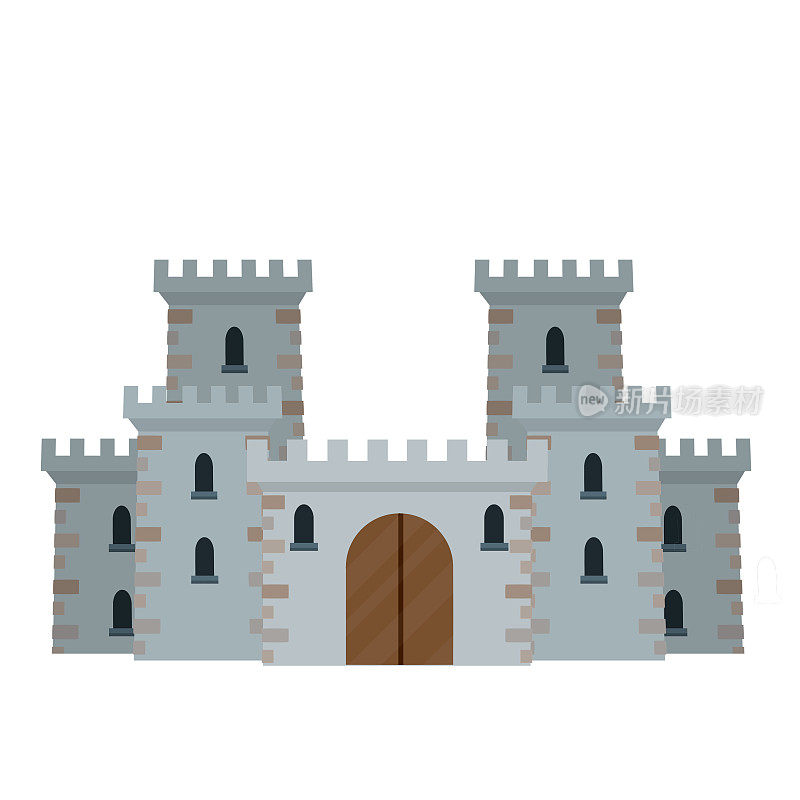 中世纪欧洲石砌城堡。骑士要塞。安全观、防护观、防御观。卡通平面插图。有墙、有门、有塔的军事建筑。