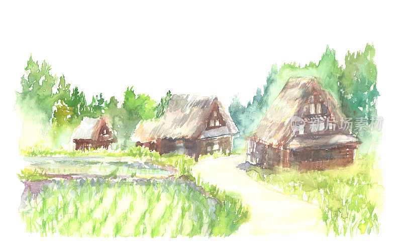 茅草屋顶和水彩画稻田的乡村风景