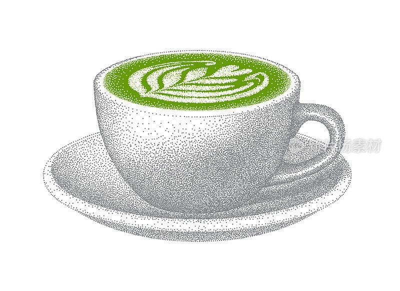 抹茶拿铁咖啡。绿茶加牛奶。杯子和茶托。现实的草图。日本传统饮料。绿茶饮料。手绘矢量插图。