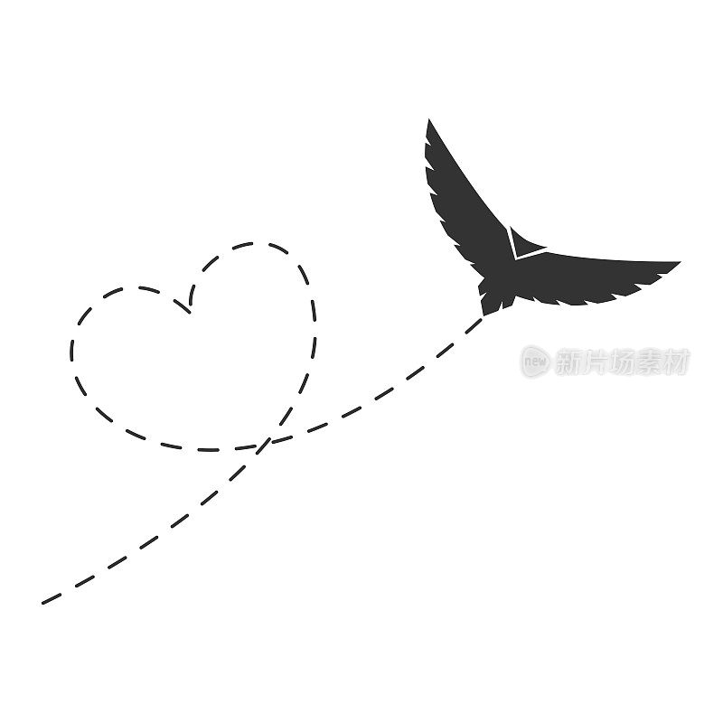 飞翔的黑鸟在一条心型的点状路线上。