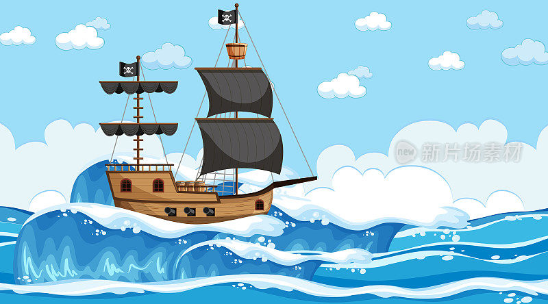 海洋与海盗船在白天的场景在卡通风格