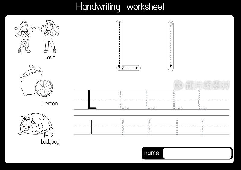 黑白矢量插图，用字母L大写字母或大写字母为儿童学习练习ABC