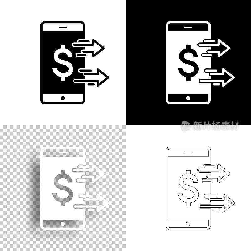 用智能手机发送美元。图标设计。空白，白色和黑色背景-线图标