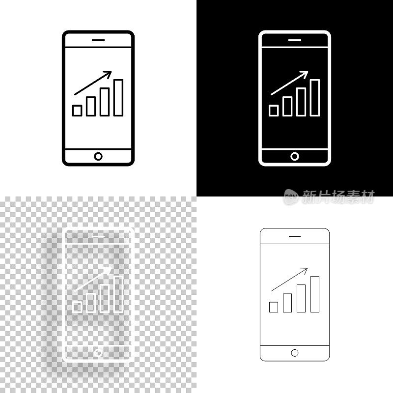 智能手机增长排行榜。图标设计。空白，白色和黑色背景-线图标