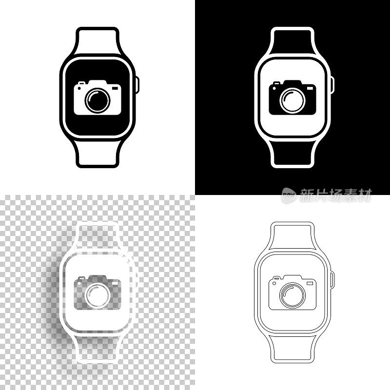 Smartwatch相机。图标设计。空白，白色和黑色背景-线图标