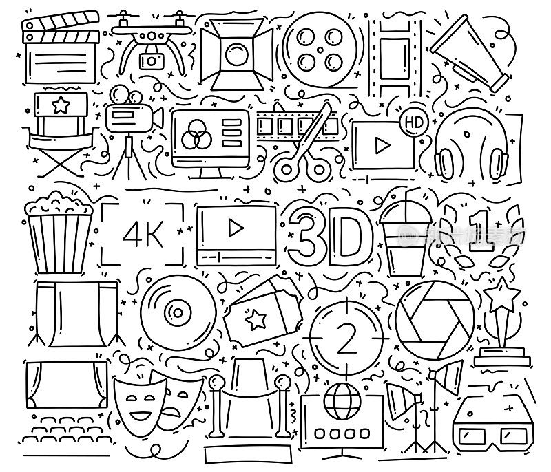 电影和电影相关的对象和元素。手绘矢量涂鸦插图集合。手绘图案设计