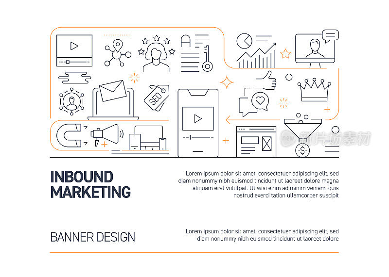入境营销相关的矢量横幅设计概念，现代线条风格与图标