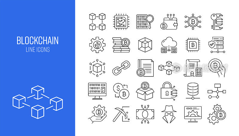 区块链相关线路图标集合。轮廓符号集合