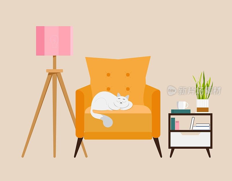 客厅场景，猫在扶手椅上睡觉。矢量插图在平面风格，室内与灯，咖啡桌和椅子