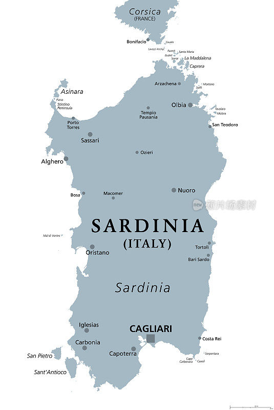意大利撒丁岛，首都卡利亚里的灰色政治地图