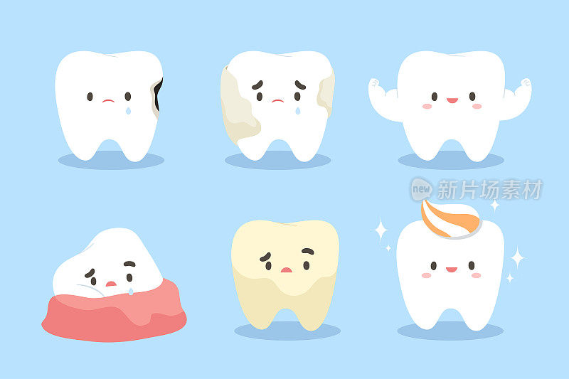 健康和不健康的牙齿，如蛀牙、牙垢、牙菌斑、阻生牙或智齿，以浅蓝色为背景。