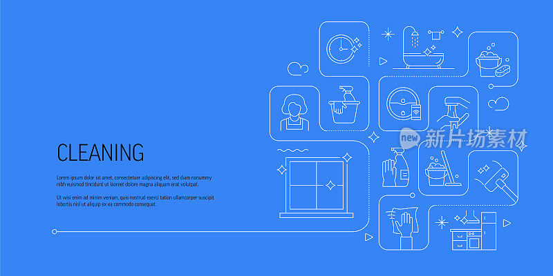 清洁相关矢量横幅设计概念，现代线条风格与图标